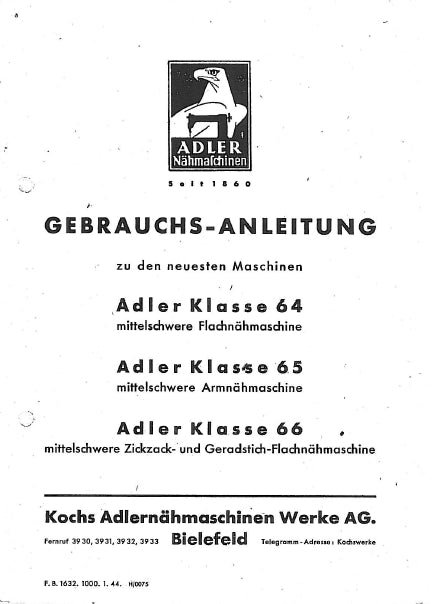 ADLER 64 65 66 NAHMASCHINE GEBRAUCHS-ANLEITUNG 11 SEITE DEUTSCH