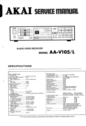 AKAI AA-V105 AA-V105L AUDIO VIDEO RECEIVER SERVICE MANUAL INC BLK DIAG PCBS SCHEM DIAG CONN DIAG AND PARTS LIST 23 PAGES ENG