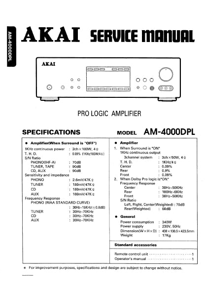 AKAI AM-4000DPL PRO LOGIC AMPLIFIER SERVICE MANUAL INC BLK DIAG PCBS SCHEM DIAGS AND PARTS LIST 22 PAGES ENG