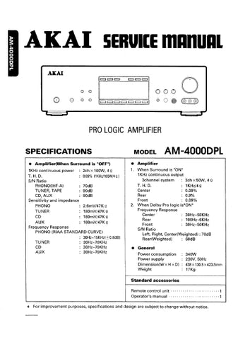 AKAI AM-4000DPL PRO LOGIC AMPLIFIER SERVICE MANUAL INC BLK DIAG PCBS SCHEM DIAGS AND PARTS LIST 22 PAGES ENG