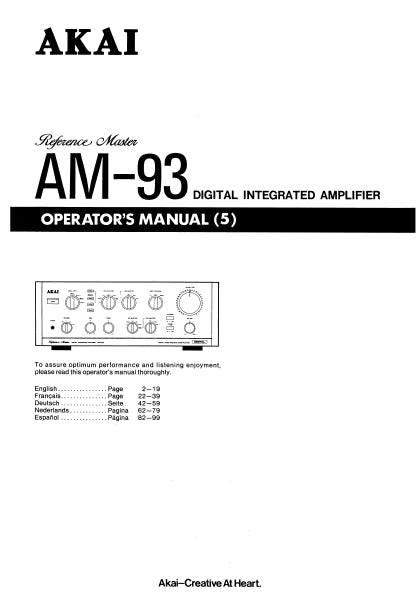 AKAI AM-93 DIGITAL INTEGRATED AMPLIFIER OPERATORS MANUAL MANUEL DE L'UTILISATEUR BEDIENUNGSANLEITUNG GEBRUIKSAANWIJZING MANUAL DE USUARIO 99 PAGES ENG FR DE NL ESP