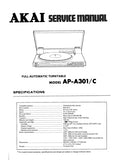 AKAI AP-A301 AP-A301C FULL AUTOMATIC TURNTABLE SERVICE MANUAL INC BLK DIAG PCBS SCHEM DIAG AND PARTS LIST 17 PAGES ENG
