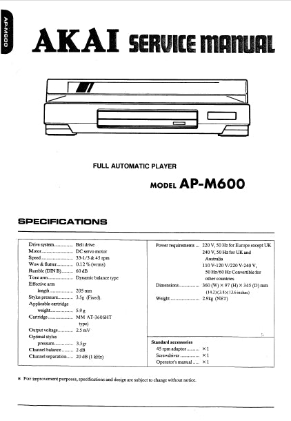 AKAI AP-M600 FULL AUTOMATIC PLAYER SERVICE MANUAL INC PCBS SCHEM DIAG AND PARTS LIST 12 PAGES ENG