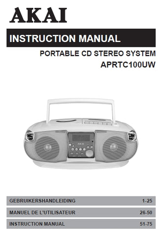 AKAI APRTC100UW PORTABLE CD STEREO SYSTEM INSTRUCTION MANUAL 25 PAGES ENG