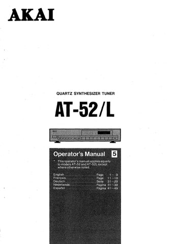 AKAI AT-52 AT-52L QUARTZ SYNTHESIZER TUNER OPERATOR'S MANUAL INC CONN DIAG 20 PAGES ENG FRANC