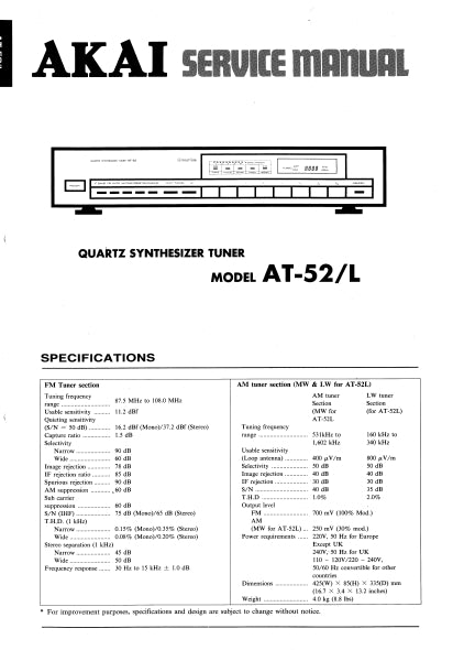 AKAI AT-52 AT-52L QUARTZ SYNTHESIZER TUNER SERVICE MANUAL INC BLK DIAG PCBS SCHEM DIAG AND PARTS LIST 21 PAGES ENG