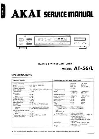 AKAI AT-56 AT-56L QUARTZ SYNTHESIZER TUNER SERVICE MANUAL INC BLK DIAG PCBS SCHEM DIAGS AND PARTS LIST 19 PAGES ENG
