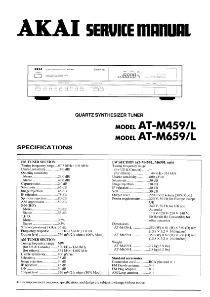 AKAI AT-M459 AT-M459L AT-M659 AT-M659L QUARTZ SYNTHESIZER TUNER SERVICE MANUAL INC BLK DIAG PCBS SCHEM DIAGS AND PARTS LIST 27 PAGES ENG