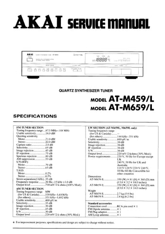 AKAI AT-M459 AT-M459L AT-M659 AT-M659L QUARTZ SYNTHESIZER TUNER SERVICE MANUAL INC BLK DIAG PCBS SCHEM DIAGS AND PARTS LIST 27 PAGES ENG