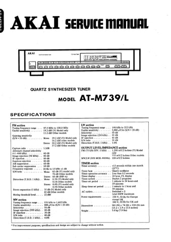 AKAI AT-M739 AT-M739L QUARTZ SYNTHESIZER TUNER SERVICE MANUAL INC BLK DIAG PCBS SCHEM DIAGS AND PARTS LIST 19 PAGES ENG