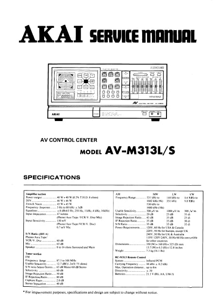 AKAI AV-M313L AV-M313S AV CONTROL CENTER SERVICE MANUAL INC BLK DIAGS PCBS SCHEM DIAGS AND PARTS LIST 46 PAGES ENG