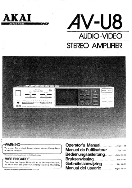 AKAI AV-U8 AUDIO VIDEO STEREO AMPLIFIER OPERATORS MANUAL 67 PAGES ENG FR DE SVENSKA NL ESP