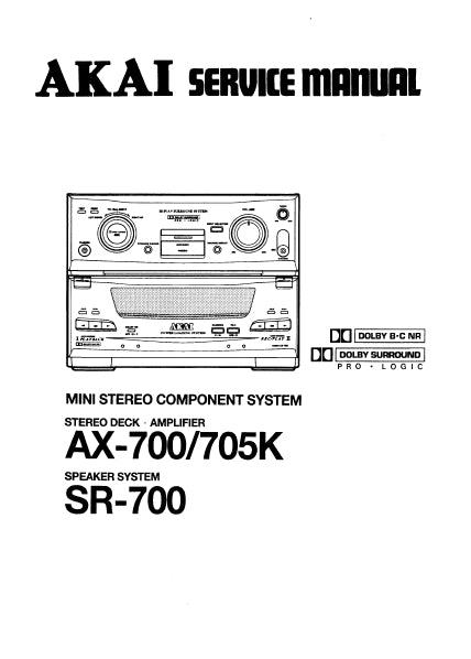 AKAI AX-700 AX-705K MINI STEREO COMPONENT SYSTEM SERVICE MANUAL INC PCBS SCHEM DIAGS AND PARTS LIST 50 PAGES ENG