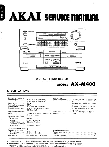 AKAI AX-M400 DIGITAL HIFI MIDI SYSTEM SERVICE MANUAL INC BLK DIAG CONN DIAG PCBS SCHEM DIAGS AND PARTS LIST 35 PAGES ENG