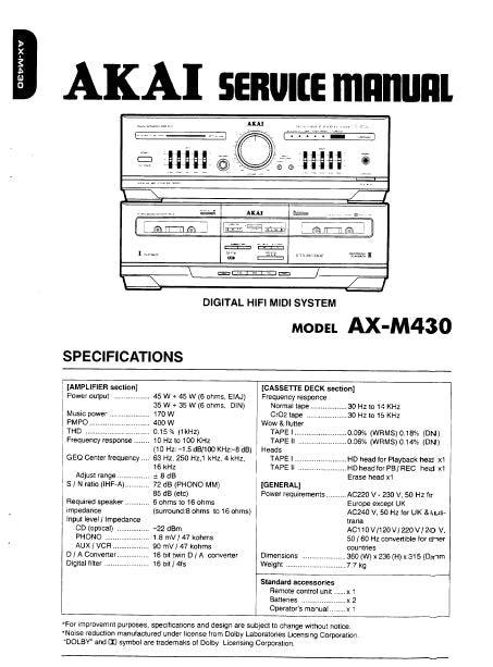 AKAI AX-M430 DIGITAL HIFI MIDI SYSTEM SERVICE MANUAL INC BLK DIAGS CONN DIAG PCBS SCHEM DIAGS AND PARTS LIST 31 PAGES ENG