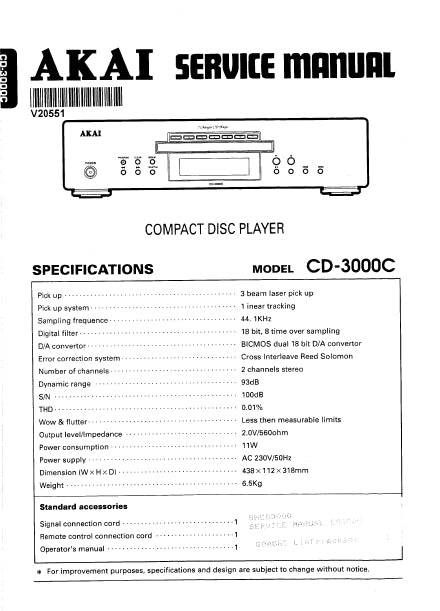 AKAI CD-3000C CD PLAYER SERVICE MANUAL INC BLK DIAG WIRING DIAG PCBS SCHEM DIAG AND PARTS LIST 36 PAGES ENG