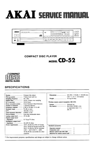 AKAI CD-52 CD PLAYER SERVICE MANUAL INC BLK DIAGS CONN DIAG PCBS SCHEM DIAG AND PARTS LIST 34 PAGES ENG