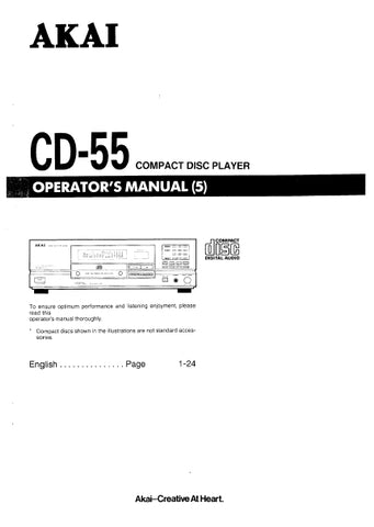 AKAI CD-55 CD PLAYER OPERATOR'S MANUAL INC CONN DIAGS 24 PAGES ENG
