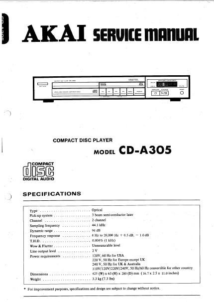 AKAI CD-A305 CD PLAYER SERVICE MANUAL INC BLK DIAG PCBS SCHEM DIAG AND PARTS LIST 25 PAGES ENG