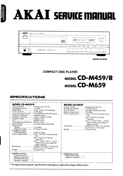 AKAI CD-M459 CD-M459R CD-M659 CD PLAYER SERVICE MANUAL INC BLK DIAG CONN DIAG PCBS SCHEM DIAG AND PARTS LIST 30 PAGES ENG