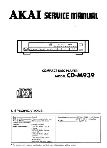 AKAI CD-M939 CD PLAYER SERVICE MANUAL INC PCBS SCHEM DIAGS AND PARTS LIST 26 PAGES ENG