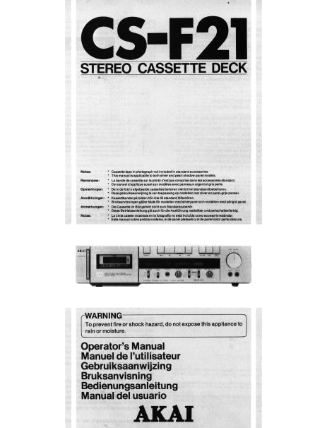 AKAI CS-F21 STEREO CASSETTE DECK OPERATORS MANUAL 44 PAGES ENG FR NL SVENSKA DE ESP