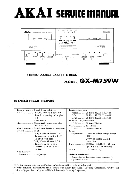 AKAI GX-M759W STEREO DOUBLE CASSETTE TAPE DECK SERVICE MANUAL INC BLK DIAGS PCBS SCHEM DIAGS AND PARTS LIST 37 PAGES ENG