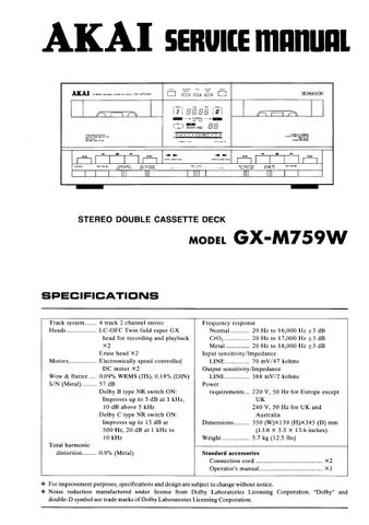 AKAI GX-M759W STEREO DOUBLE CASSETTE TAPE DECK SERVICE MANUAL INC BLK DIAGS PCBS SCHEM DIAGS AND PARTS LIST 37 PAGES ENG