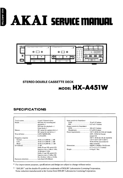 AKAI HX-A451W STEREO DOUBLE CASSETTE DECK SERVICE MANUAL INC BLK DIAG PCBS SCHEM DIAG AND PARTS LIST 24 PAGES ENG