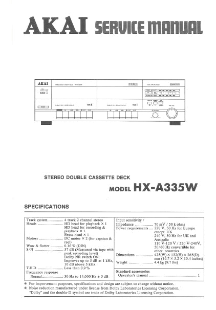 AKAI HX-A335W STEREO DOUBLE CASSETTE DECK  SERVICE MANUAL INC BLK DIAG WIRING DIAG PCBS SCHEM DIAGS AND PARTS LIST 19 PAGES ENG