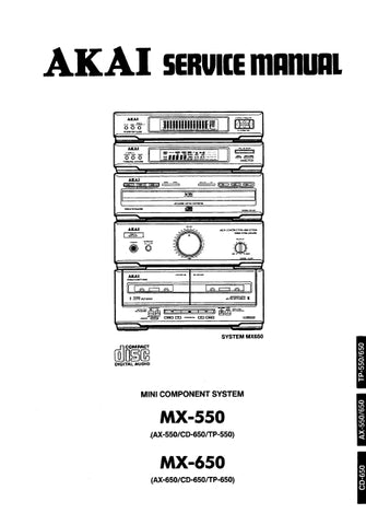 AKAI MX-550 MX-650 MINI COMPONENT SYSTEM SERVICE MANUAL INC BLK DIAGS PCBS SCHEM DIAGS AND PARTS LIST 92 PAGES ENG