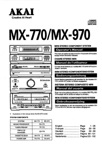 AKAI MX-770 MX-970 MINI STEREO COMPONENT SYSTEM OPERATORS MANUAL 91 PAGES ENG FR DE ESP NL