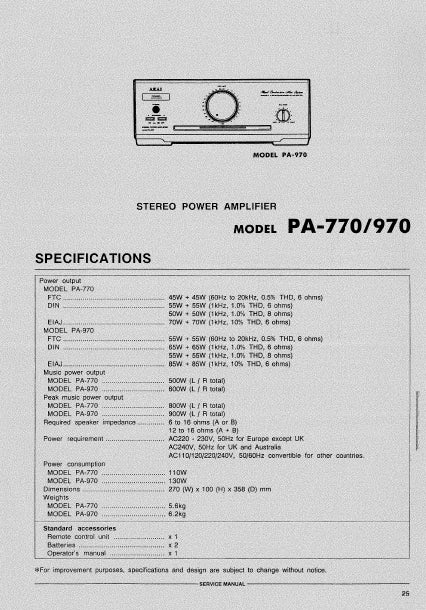 AKAI PA-770 PA-970 STEREO POWER AMPLIFIER SERVICE MANUAL INC PCBS SCHEM DIAG AND PARTS LIST 16 PAGES ENG