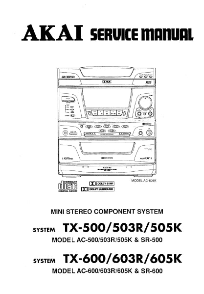 AKAI AC-500 AC-600 TX-500 TX-600 MINI STEREO COMPONENT SYSTEM SERVICE MANUAL INC BLK DIAG PCBS SCHEM DIAGS AND PARTS LIST 82 PAGES ENG