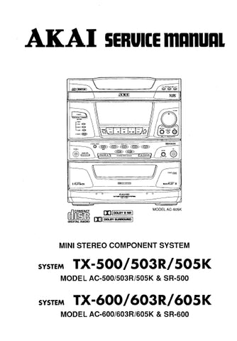 AKAI AC-500 AC-600 TX-500 TX-600 MINI STEREO COMPONENT SYSTEM SERVICE MANUAL INC BLK DIAG PCBS SCHEM DIAGS AND PARTS LIST 82 PAGES ENG