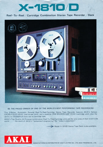 AKAI X-1810 X-1810D REEL TO REEL/CARTRIDGE COMBINATION STEREO TAPE RECORDER/DECK CATALOG INCLUDING SPECIFICATIONS 4 PAGES ENGLISH
