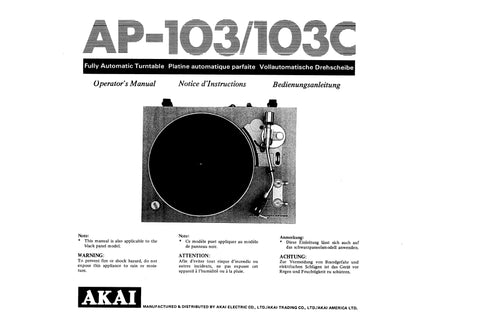 AKAI AP-103 AP-103C FULLY AUTOMATIC TURNTABLE OPERATORS MANUAL 10 PAGES ENG FRANC DEUT