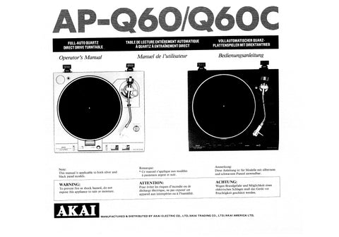 AKAI AP-Q60 AP-Q60C FULL AUTO QUARTZ DIRECT DRIVE TURNTABLE OPERATORS MANUAL MANUEL DE L'UTILISATEUR BEDIENUNGSANLEITUNG 16 PAGES ENG FRANC DEUT