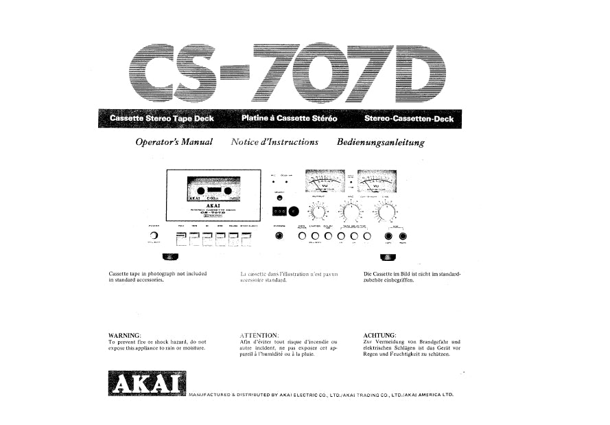 AKAI CS-707D STEREO CASSETTE TAPE DECK OPERATORS MANUAL NOTICE D' INSTRUCTIONS BEDIENUNGSANLEITUNG 14 PAGES ENG FR DE