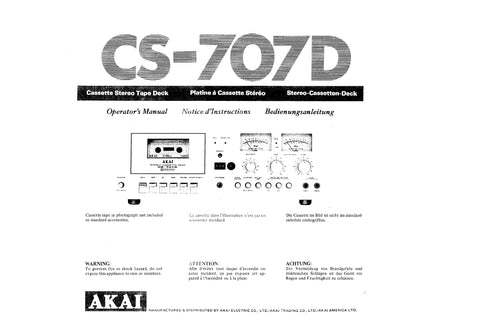 AKAI CS-707D STEREO CASSETTE TAPE DECK OPERATORS MANUAL NOTICE D' INSTRUCTIONS BEDIENUNGSANLEITUNG 14 PAGES ENG FR DE