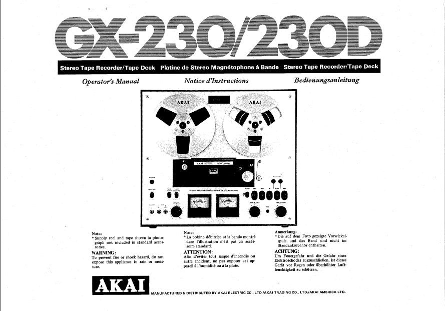 AKAI GX-230 GX-230D STEREO TAPE DECK OPERATORS MANUAL 14 PAGES ENG FRANC DEUT