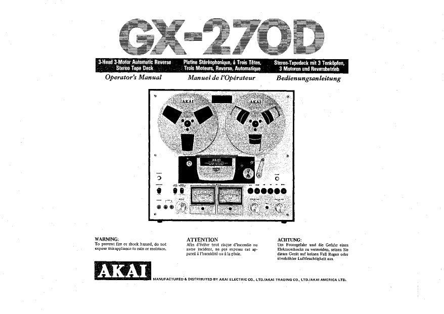 AKAI GX-270D STEREO TAPE DECK OPERATORS MANUAL 13 PAGES ENG FRANC DEUT