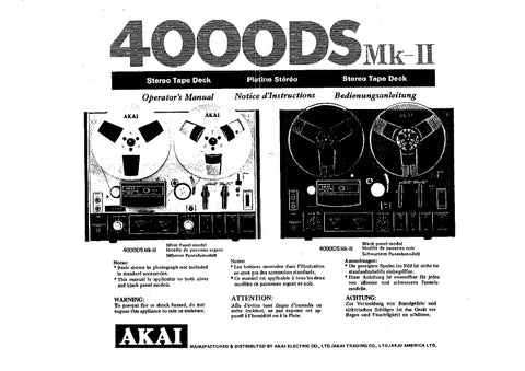 AKAI GX-4000DS MKII STEREO TAPE DECK OPERATORS MANUAL 16 PAGES ENG FRANC DEUT