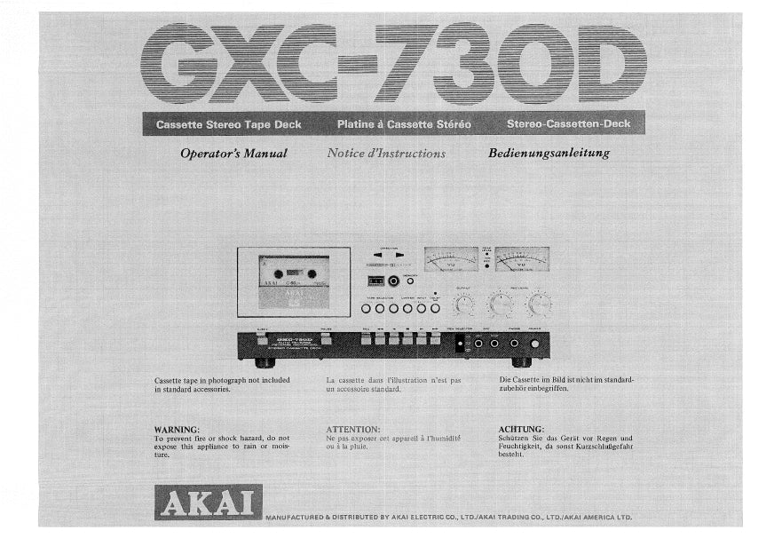 AKAI GXC-730D STEREO CASSETTE TAPE DECK OPERATORS MANUAL NOTICE D' INSTRUCTIONS BEDIENUNGSANLEITUNG 14 PAGES ENG FR DE