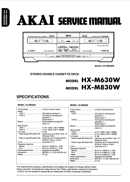 AKAI HX-M630W HX-M830W STEREO DOUBLE CASSETTE DECK SERVICE MANUAL INC SCHEM DIAGS 24 PAGES ENG