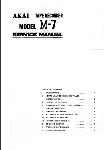 AKAI M-7 STEREO TAPE RECORDER SERVICE MANUAL INC SCHEM DIAGS 19 PAGES ENG