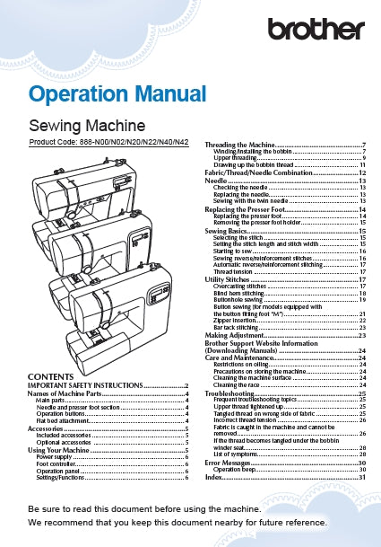 BROTHER CP100X SEWING MACHINE OPERATION MANUAL 32 PAGES ENG