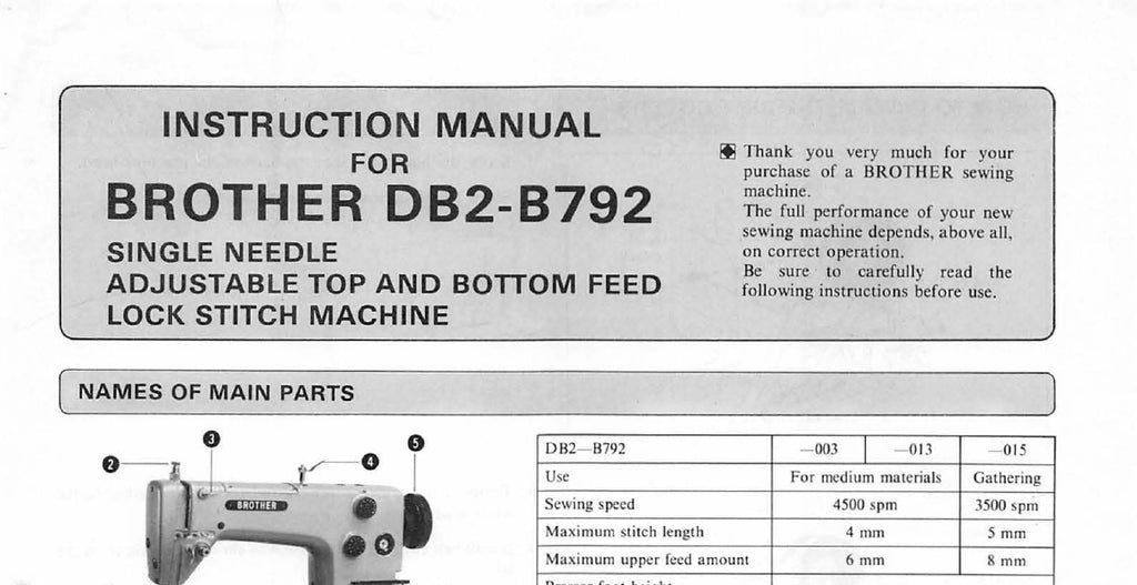 BROTHER DB2-B792 SEWING MACHINE INSTRUCTION MANUAL 16 PAGES ENG