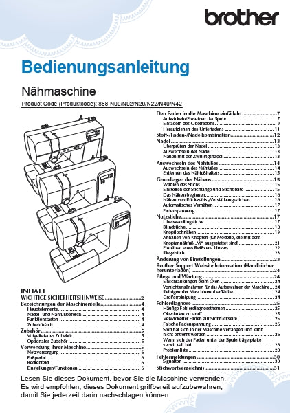 BROTHER KD40S LIITLE ANGEL NAHMASCHINE BEDIENUNGSANLEITUNG 32 SEITE DE