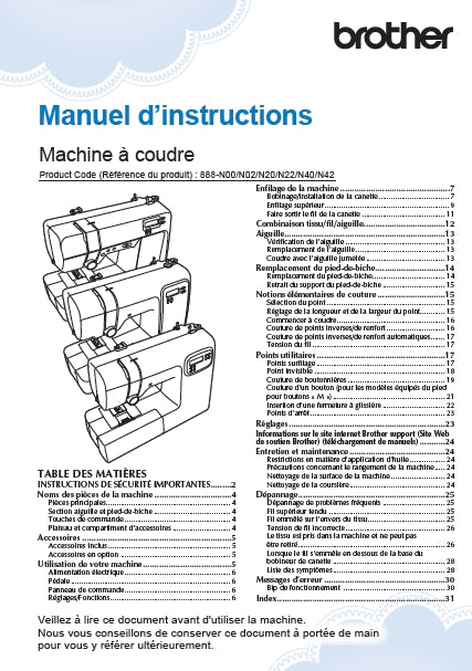 BROTHER KD40S LITTLE ANGEL PETIT ANGE MACHINE A COUDRE MANUEL D'INSTRUCTIONS 32 PAGES FRANC